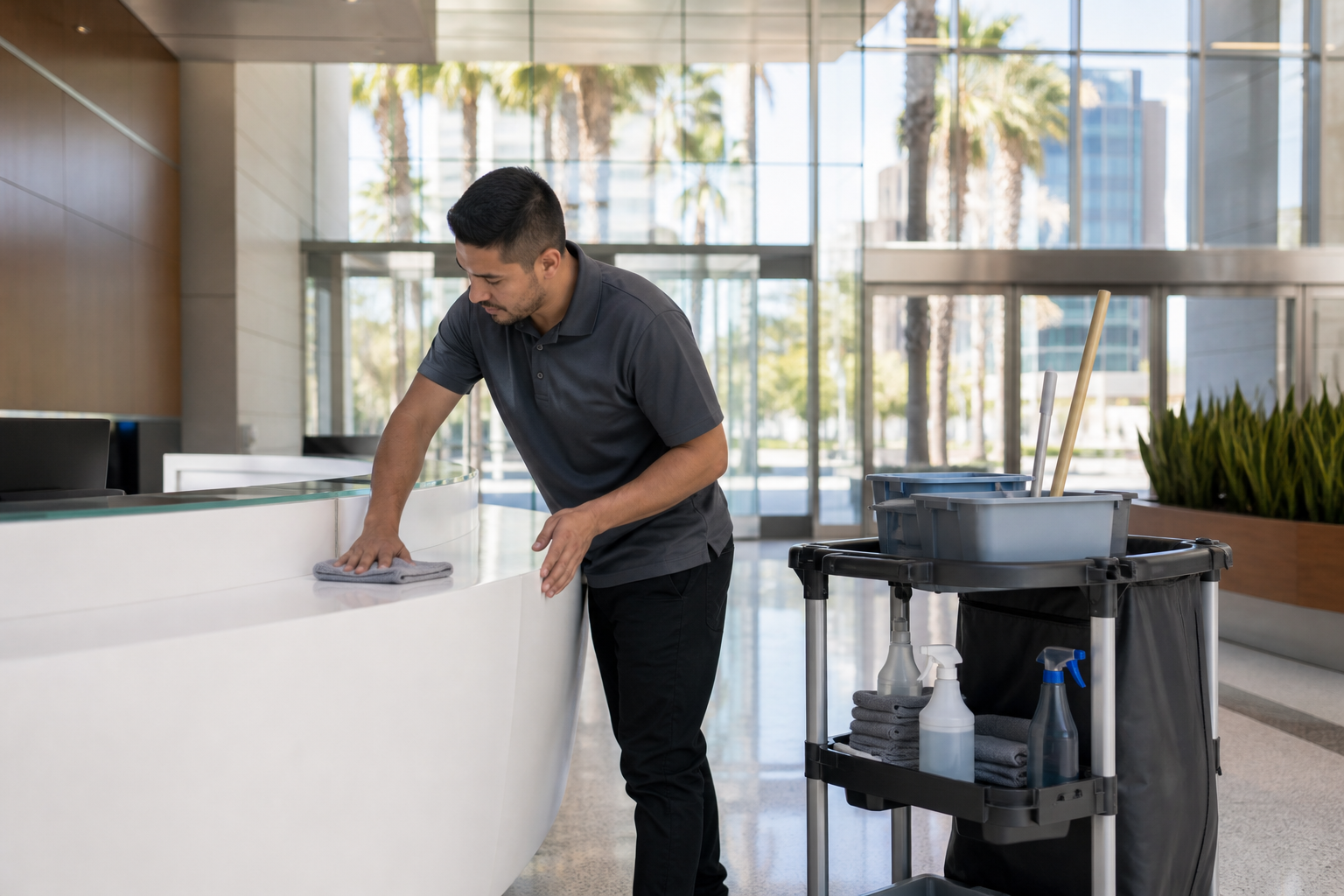 Commercial cleaning technician wiping down an office lobby reception desk