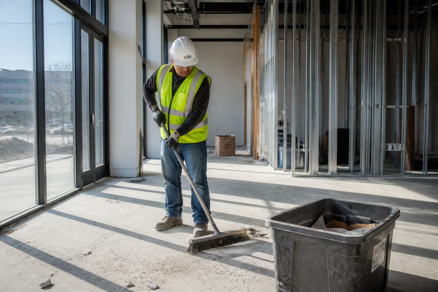 Post-construction cleanup crew member sweeping debris in a newly built space